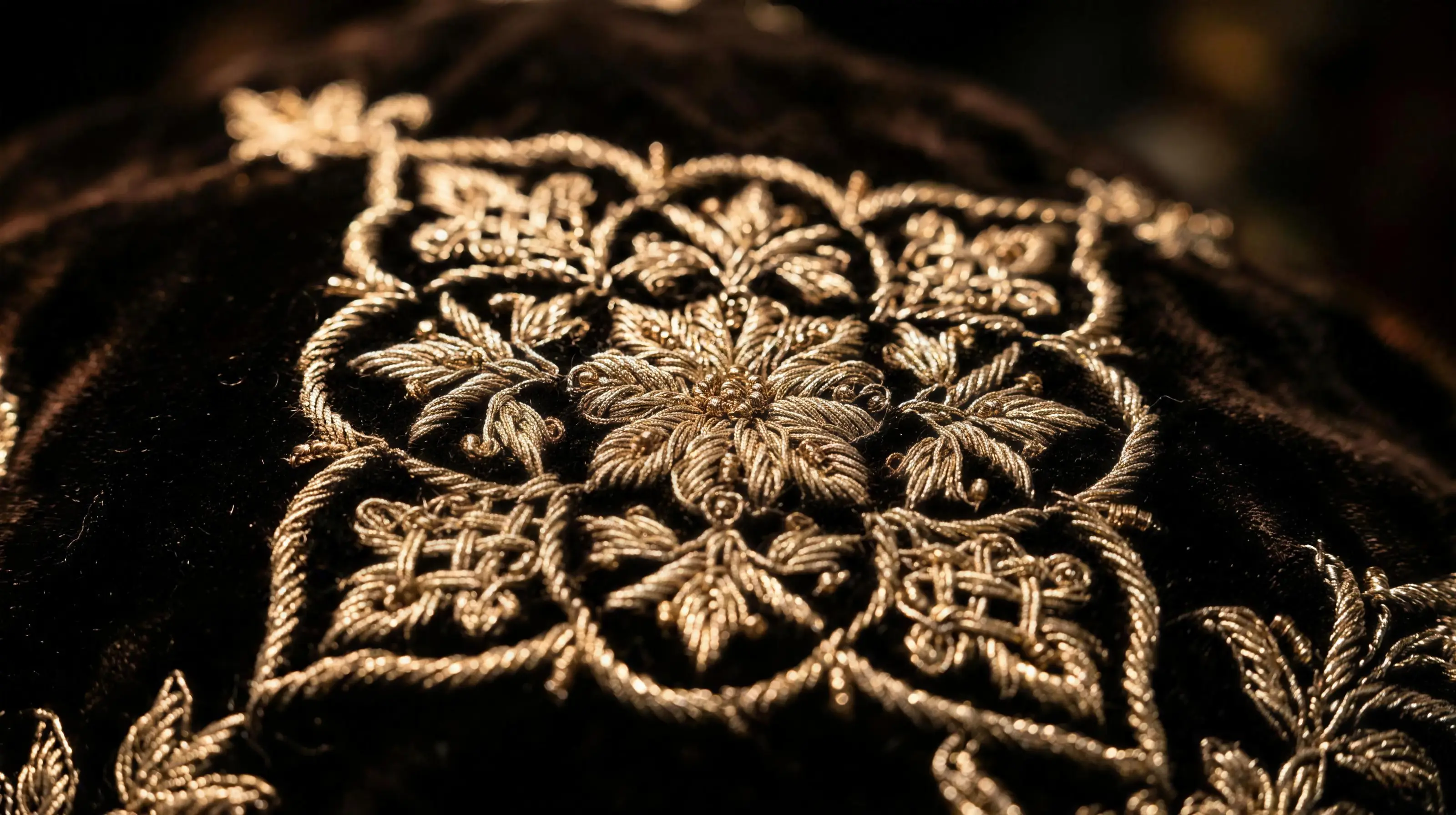 Broderie de fil d'or sur velours, détail des finitions d'une robe brodée
