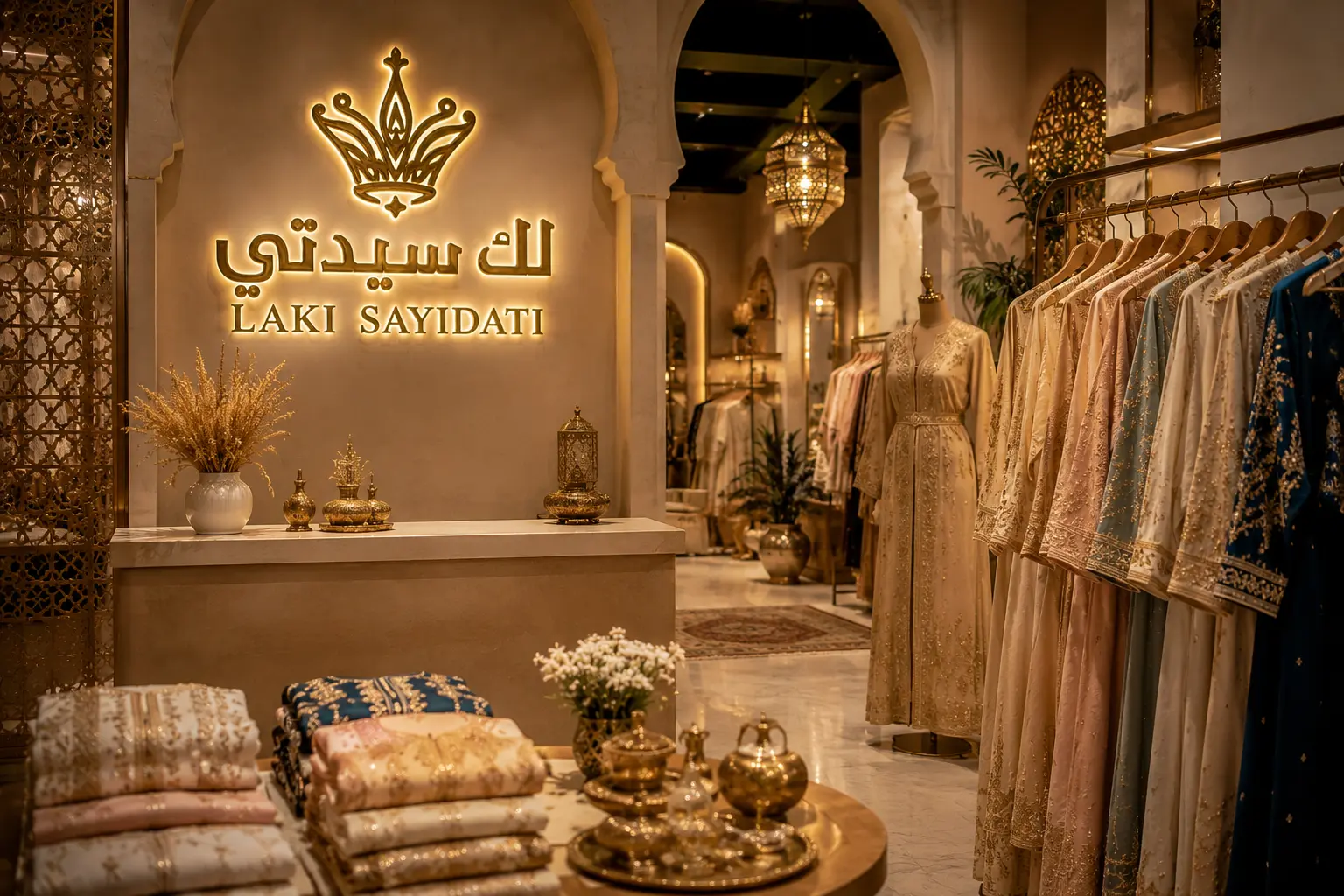 Intérieur de la boutique LAKI SAYIDATI avec son enseigne dorée