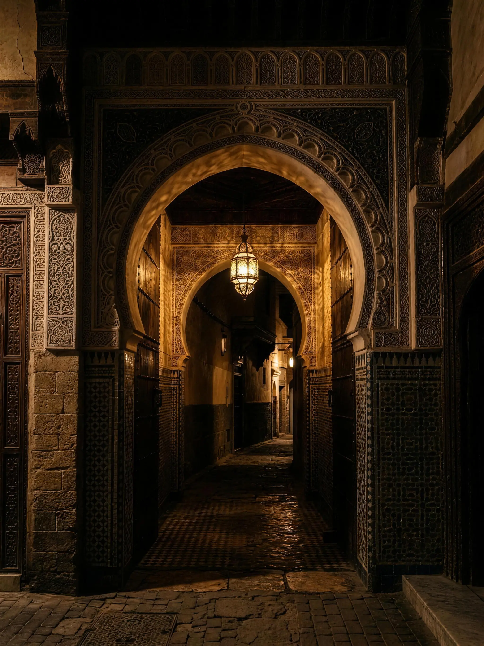 Arche de la médina d'Oujda la nuit, lanterne dorée — quartier de la boutique