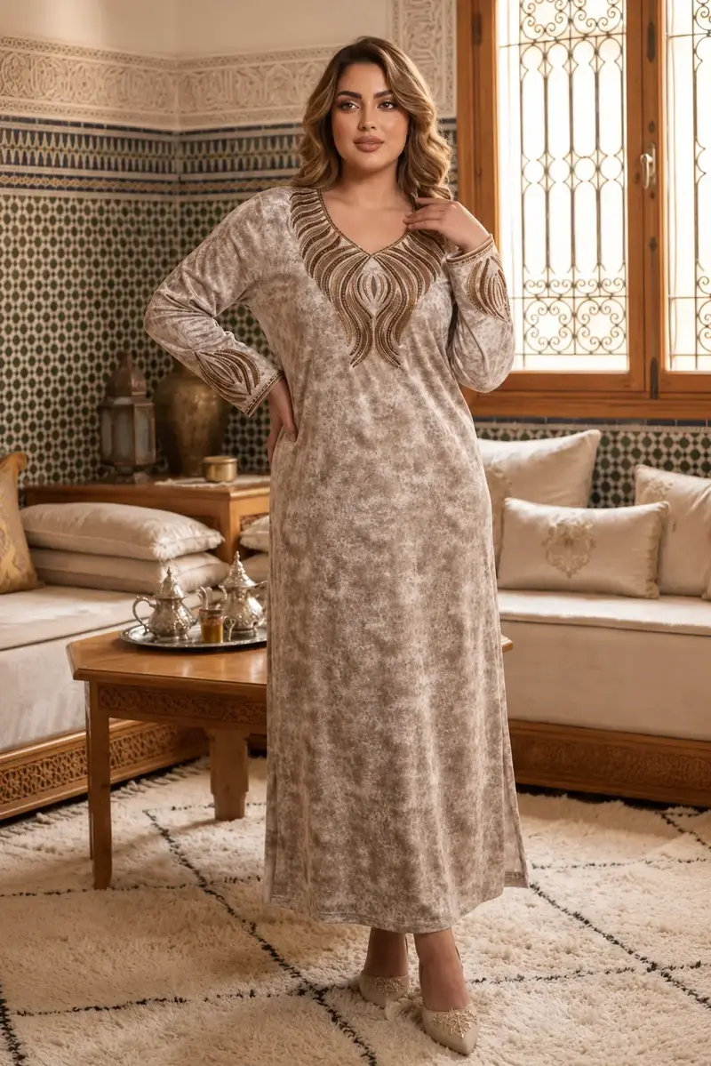 Robe longue Sahara Velvet Chic en velours beige brodé — LAKI SAYIDATI